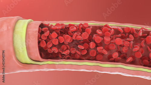 3d illustration of red blood cells inside an artery, vein. Healthy arterial cross-section blood flow. Scientific and medical microbiological concept. Enrichment with oxygen and important nutrients.