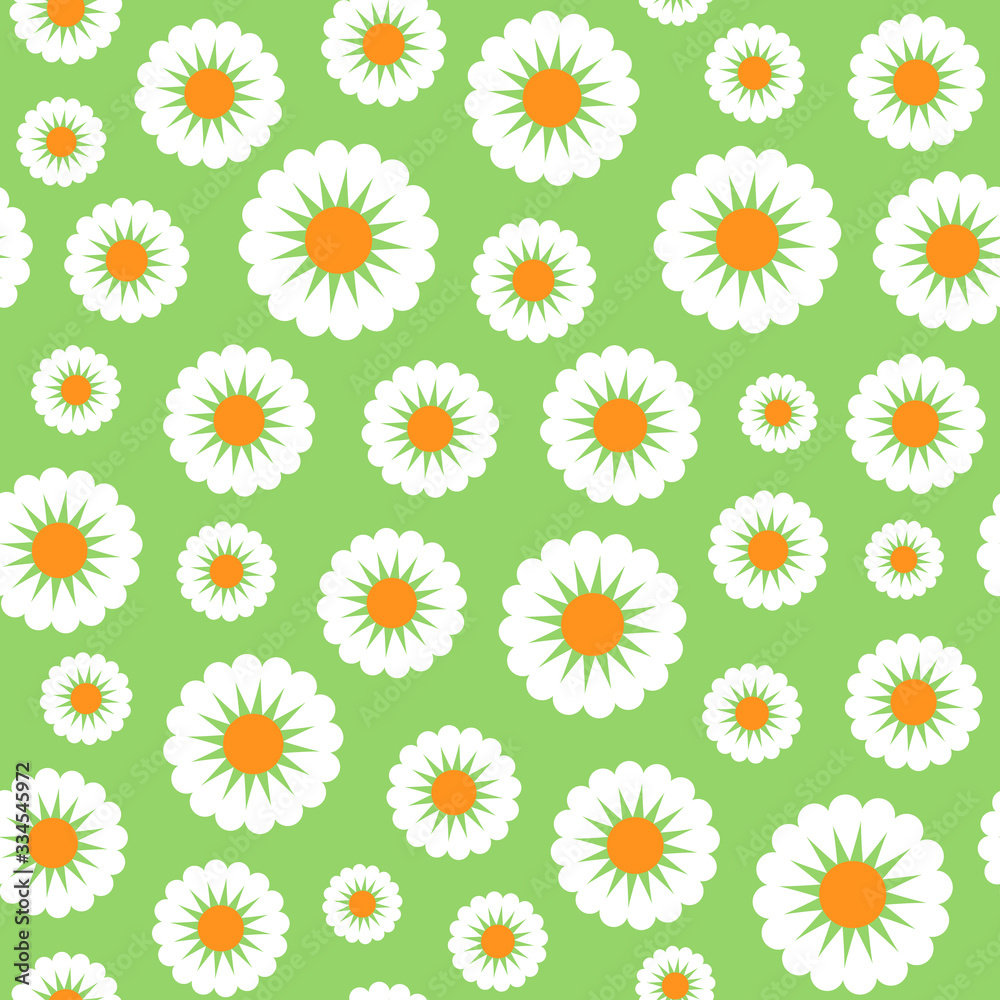 Creative seamless Floral vector pattern. White chamomile on a green background. For the original, decorative flower backdrop for greeting cards, flyers, packagings, prints, textiles, etc. Creative seamless Floral vector pattern. White chamomile on a green background. For the original, decorative flower backdrop for greeting cards, flyers, packagings, prints, textiles, etc.