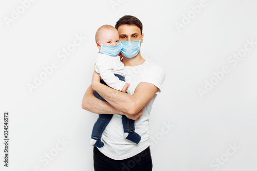 father and his young son wear surgical masks to protect against viral diseases, coronavirus protection during quarantine