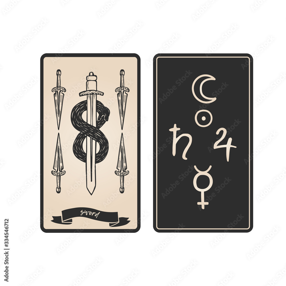 Sword tarot card front and back. Tarot card with snake around sword