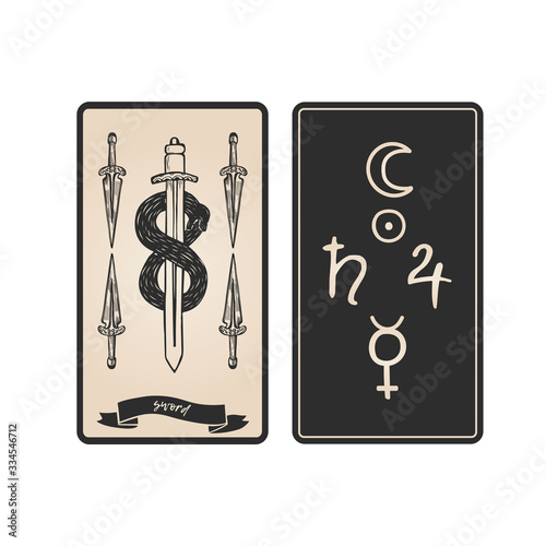 Sword tarot card front and back. Tarot card with snake around sword vector illustration.