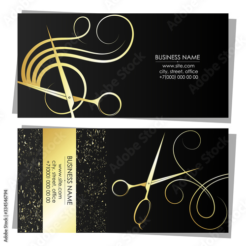 Scissors and comb gold silhouette business card for beauty salon and hairdresser