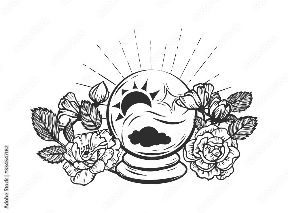Fototapeta premium Magic crystal ball for fortune telling.Magic ball for prediction decorated with flowers on white background.