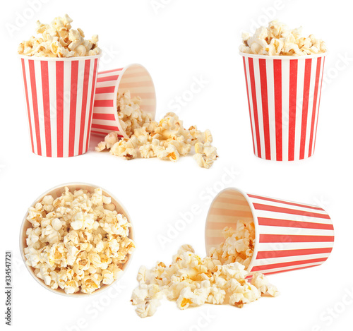 Set with buckets of tasty pop corn on white background