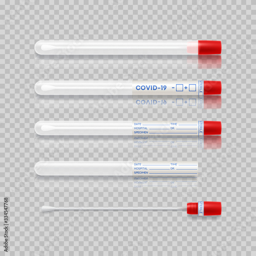 Test tubes with cotton swab for nasopharyngeal specimens. Set of realistic plastic tubes isolated on checkered background with results sample for coronavirus positive-negative. Vector illustration. photo