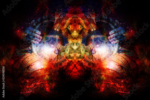 Woman drummer with her drum, Ornamental darbuka on abstract structured space background. photo