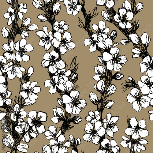 blossom branches seamless pattern. black pencil sketch