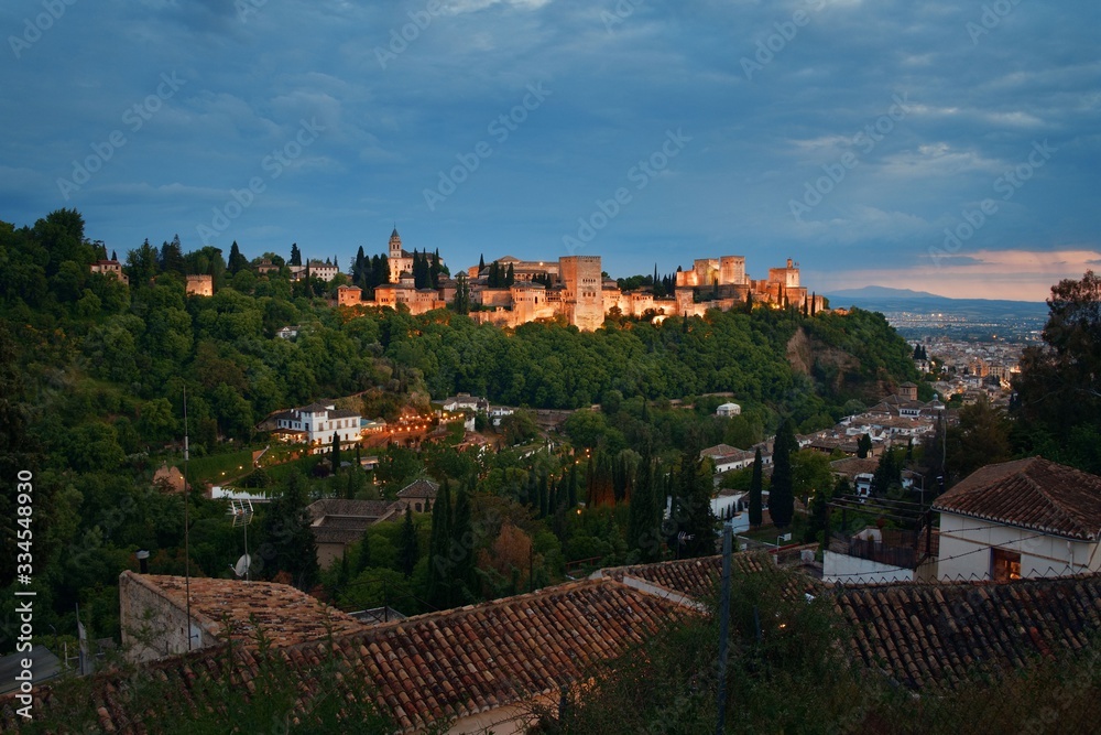 Granada Alhambra panoramic view at night