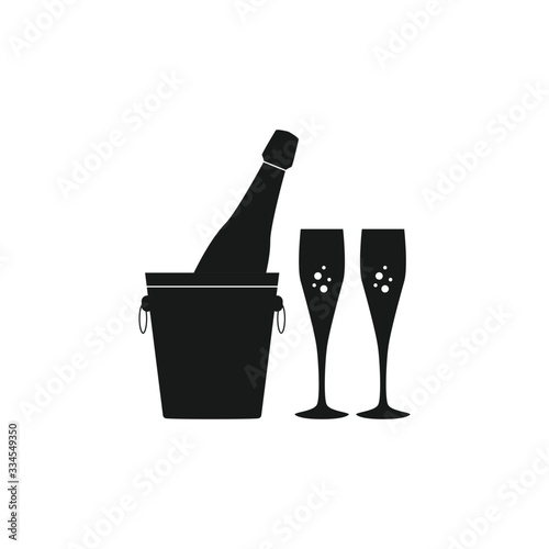 Champagne bottle with ice bucket and glasses vector icon