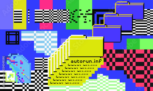 Vaporwave 80s-90s retrofuturistic background with glitched and pixelated computer screen.