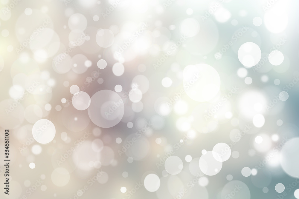 Abstract festive light blue gradient silver beige bokeh background texture with colorful circles and bokeh lights. Beautiful backdrop with space.