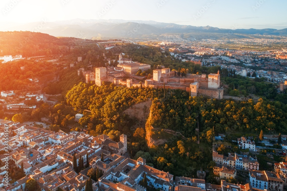 Granada Alhambra aerial view sunrise