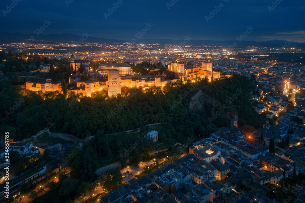 Granada Alhambra aerial view at night