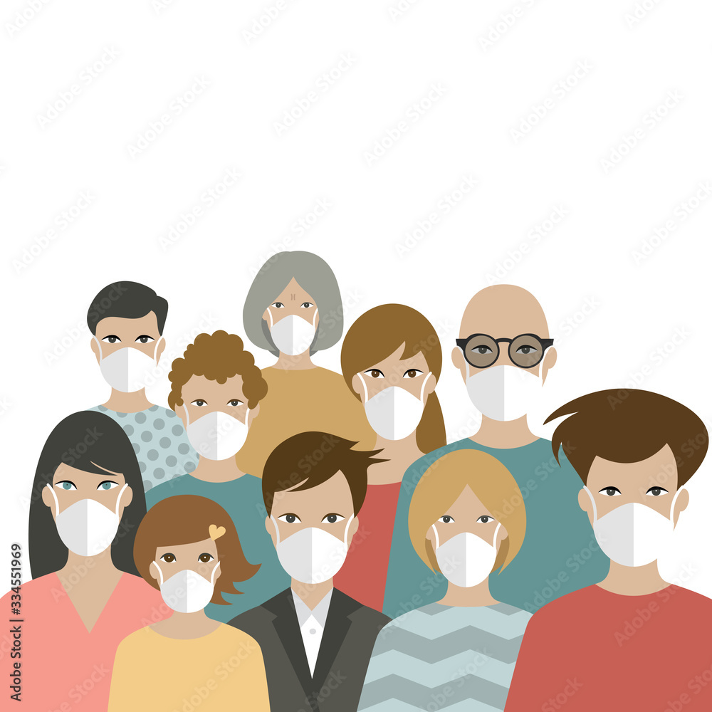 Group of people protecting from covid 19, corona by wearing masks. Isolated on white. Group of people protecting from covid 19, corona by wearing masks. Isolated on white.