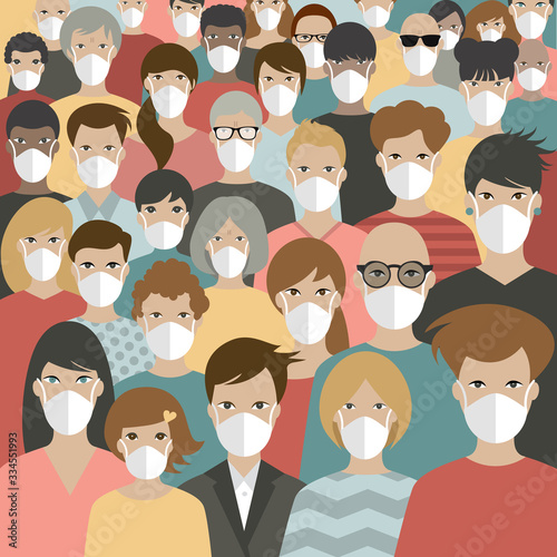 Group of people protecting from covid 19, corona by wearing masks. Isolated on white.