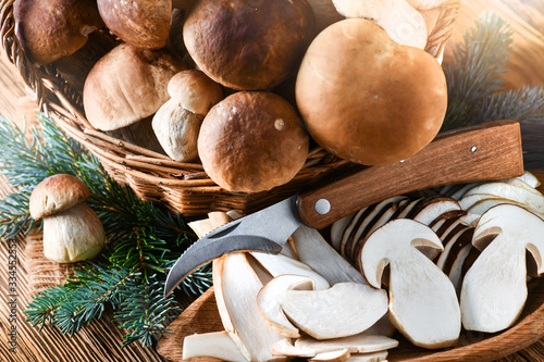 Fényképezés Mushroom Boletus in wicker basket