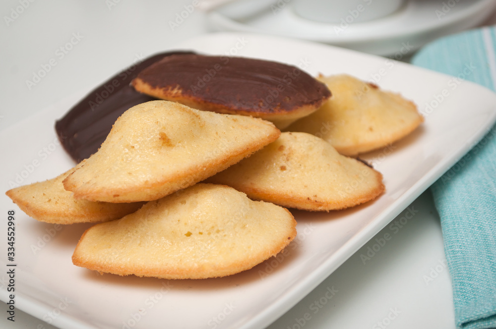 Closeup of french chocolate madeleines on white background Closeup of french chocolate madeleines on white background