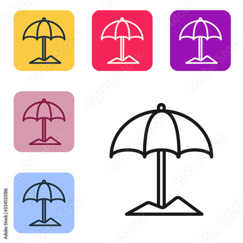 Black line Sun protective umbrella for beach icon isolated on white background. Large parasol for outdoor space. Beach umbrella. Set icons in color square buttons. Vector Illustration