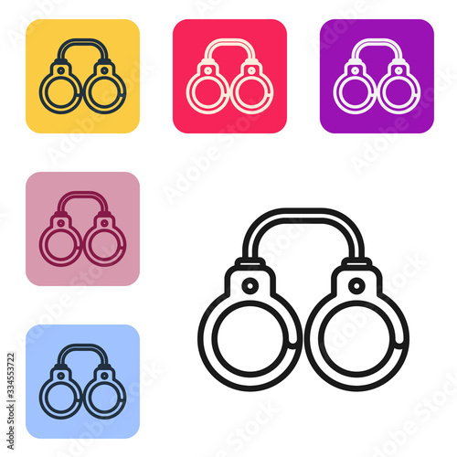 Black line Sexy fluffy handcuffs icon isolated on white background. Fetish accessory. Sex shop stuff for sadist and masochist. Set icons in color square buttons. Vector Illustration