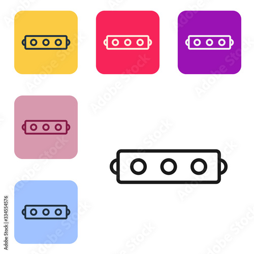 Black line Silicone ball gag with a leather belt icon isolated on white background. Fetish accessory. Sex toy for men and woman. Set icons in color square buttons. Vector Illustration