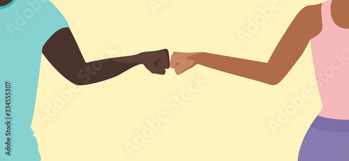 Fist bump greeting concept vector of a man and a woman with copy space for COVID-19 coronavirus prevention