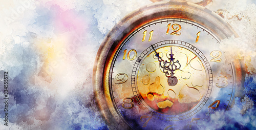 Clock showing five minutes to twelve. Time to stop and realize the values of life and painting effect.