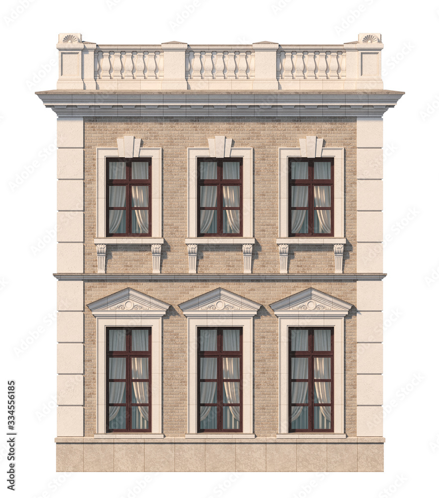 Facade of a two-story classic house with windows. 3D rendering