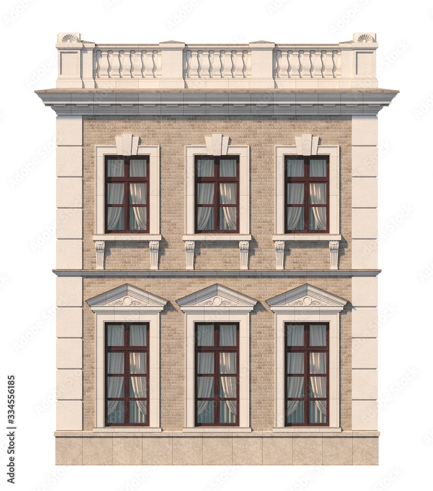 Facade of a two-story classic house with windows. 3D rendering