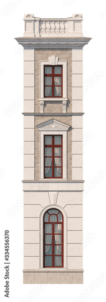 Obraz premium Facade of a three-story classic house with windows. 3D rendering