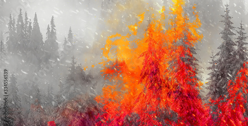 burning spruce forest and painting effect. ecology concept.