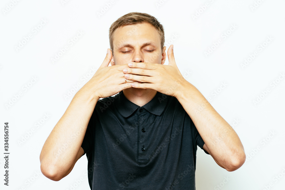man closes a mouth hands man closes a mouth hands