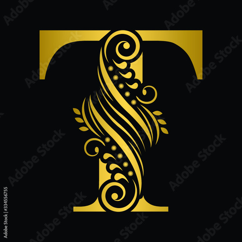 Fototapeta Naklejka Na Ścianę i Meble -  Gold letter T. Vintage golden flower ornament initial letters.  Alphabet. Logo vector 