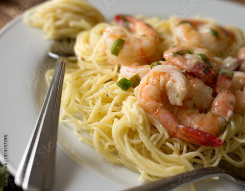 Photography Shrimp scampi and angel hair pasta.