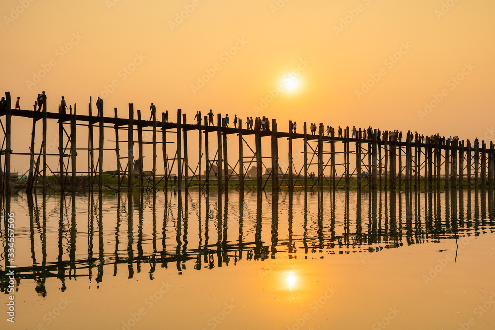 Wooden U Bein bridge at sunset