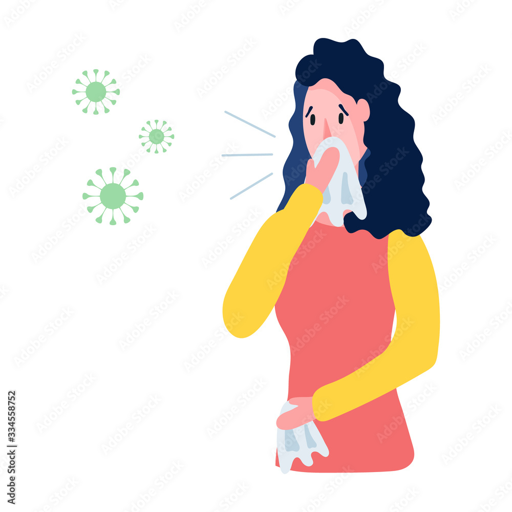 Vector flat medical illustration. Woman feeling unwell, sneezing and coronavirus icons are flying in air near her head. Concept of virus infection. Warning banner with sympthome of flu or cold. Vector flat medical illustration. Woman feeling unwell, sneezing and coronavirus icons are flying in air near her head. Concept of virus infection. Warning banner with sympthome of flu or cold.