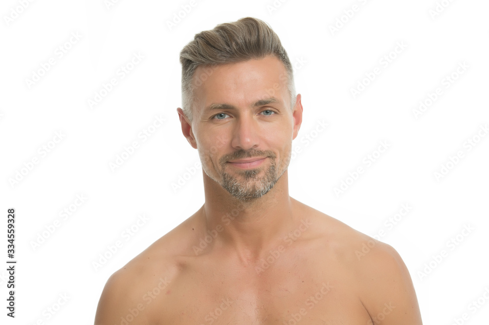Skincare and healthcare. Sexy man isolated on white. Unshaven guy with bare shoulders skin. Skin health. Skincare cosmetic products. Skincare routine and grooming. Skincare for middle age men Skincare and healthcare. Sexy man isolated on white. Unshaven guy with bare shoulders skin. Skin health. Skincare cosmetic products. Skincare routine and grooming. Skincare for middle age men