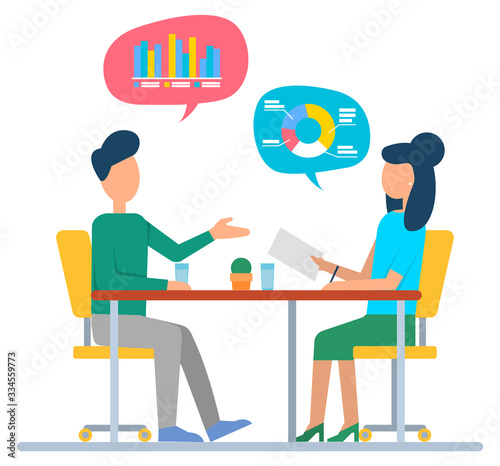 Investors discussing sales, people sitting at table and communicating. Vector managers speak about sales and buys, financial analytics, agents consultants