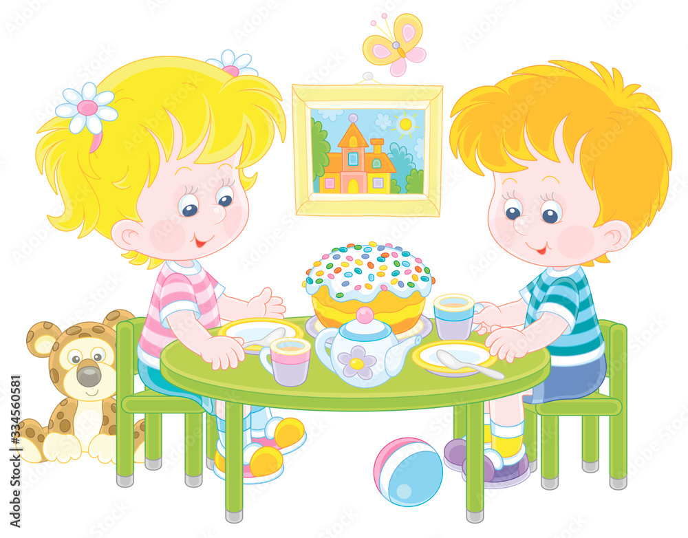 Happy and merry little children at their festive table with a colorfully decorated sweet Easter cake and cups of tea in a nursery room, vector cartoon illustration on a white background Happy and merry little children at their festive table with a colorfully decorated sweet Easter cake and cups of tea in a nursery room, vector cartoon illustration on a white background