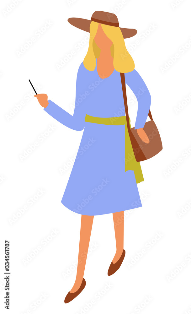 Female character wearing hat walking with cell phone in hands vector, isolated lady elegant woman on weekends strolling. Lady using social media flat style Female character wearing hat walking with cell phone in hands vector, isolated lady elegant woman on weekends strolling. Lady using social media flat style