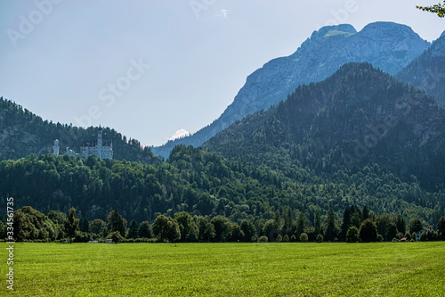 Fototapeta Naklejka Na Ścianę i Meble -  View of the German Alps and Neuschwanstein Castle along with a vast green meadow. Photograph taken in Schwangau, Bavaria, Germany.
