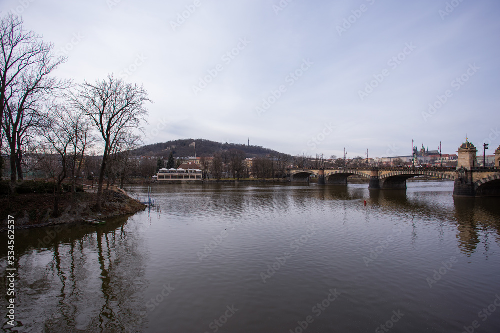 River and a bridge over Vltava river in Prague