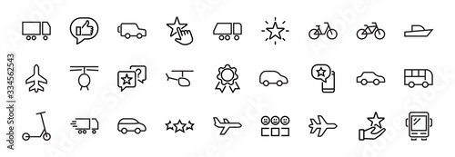Set of public transport related vector line icons. Contains icons such as bus, bike, suitcase, car, scooter, truck, transport, trolley bus, sailboat, motor boat, plane and much more. Editable stroke.