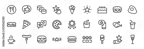   A simple set of fast food icons related to the vector line. Contains icons such as pizza, burger, sushi, bike, scrambled eggs and more. EDITABLE stroke. 480x480 pixels perfect, EPS 10