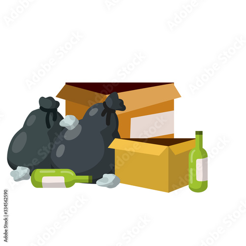 Urban waste problem. Pollution of environment. Cartoon flat illustration. Trash in black bag, containers, empty cardboard boxes, bottles and scraps, junk