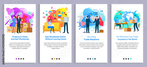 Produce in china vector, us and chinese relations partners handshaking, delivery of cargo logistics service, people working from home using internet. Website or slider app, landing page flat style