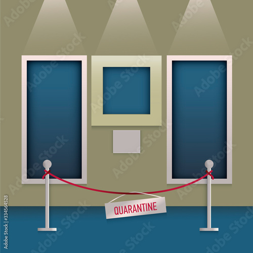 Quarantine museum vector concept. Museum Gallery Quarantine label. Flat illustration in trendy colors 2020. Museum interior with paintings in frames. Art museum of modern painting.Picture art gallery.