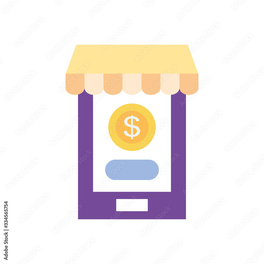 payment online concept, smartphone with store tent and money coin on screen icon, flat style payment online concept, smartphone with store tent and money coin on screen icon, flat style