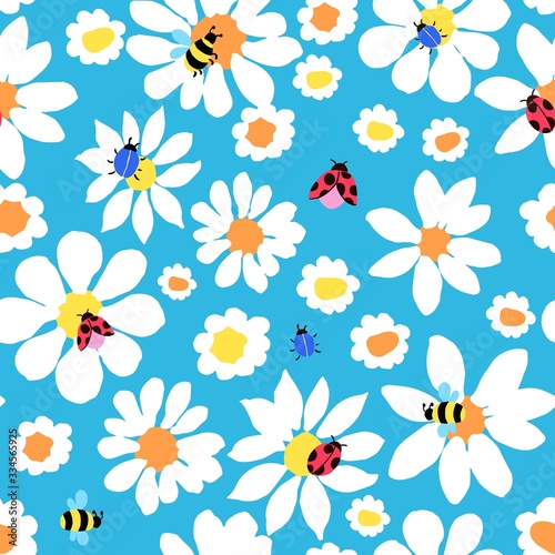 All-over vector seamless repeat pattern with white daisies of different shapes tossed on a blue background with bugs, bees and ladybugs