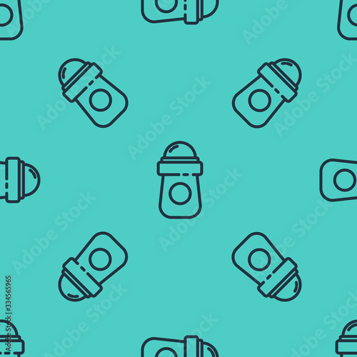 Black line Antiperspirant deodorant roll icon isolated seamless pattern on green background. Cosmetic for body hygiene. Vector Illustration