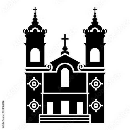 Simple icon of the Catholic Church of Immaculate Heart Of Mary Oratory in San Jose (California, USA). Black silhouette of the temple building on a white background